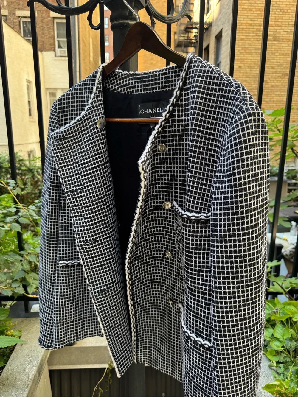 CHANEL Black & White Tweed Bouclé Jacket with Gold Buttons